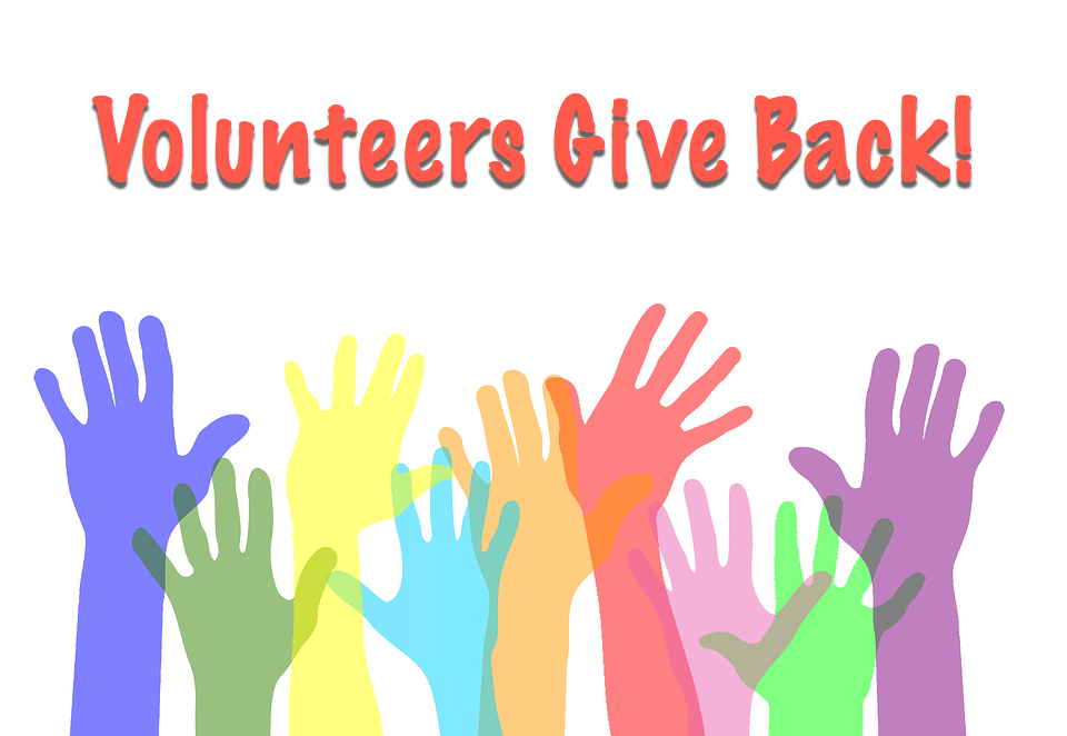 image of multi-coloured raised hands and text reading "volunteers give back"