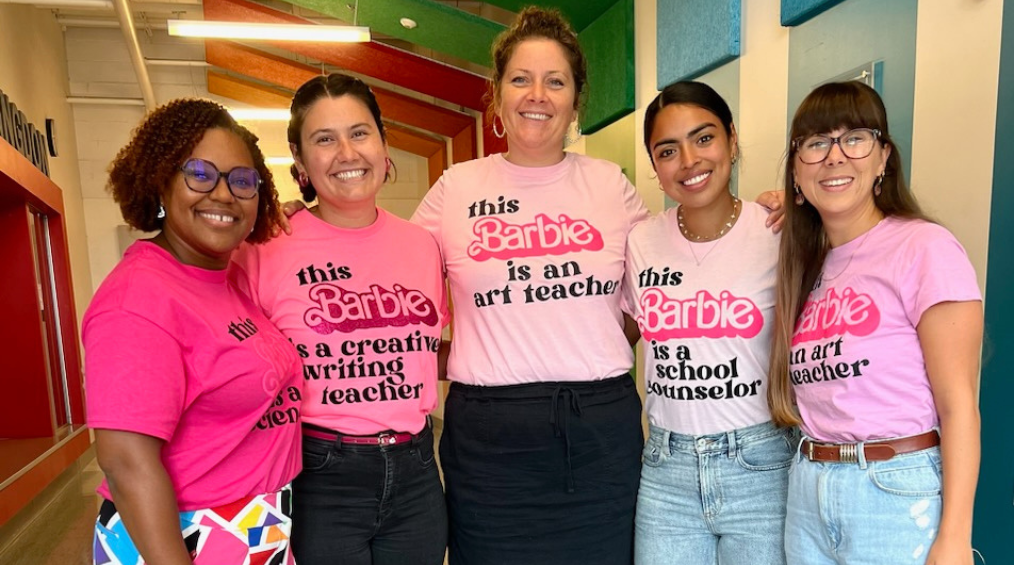 Staff wearing matching Barbie shirts. Pictured from left to right: Renita Upshur, Basma Joseph, Lauren Muscarella, Vasthy Delgado, Allison Barnes