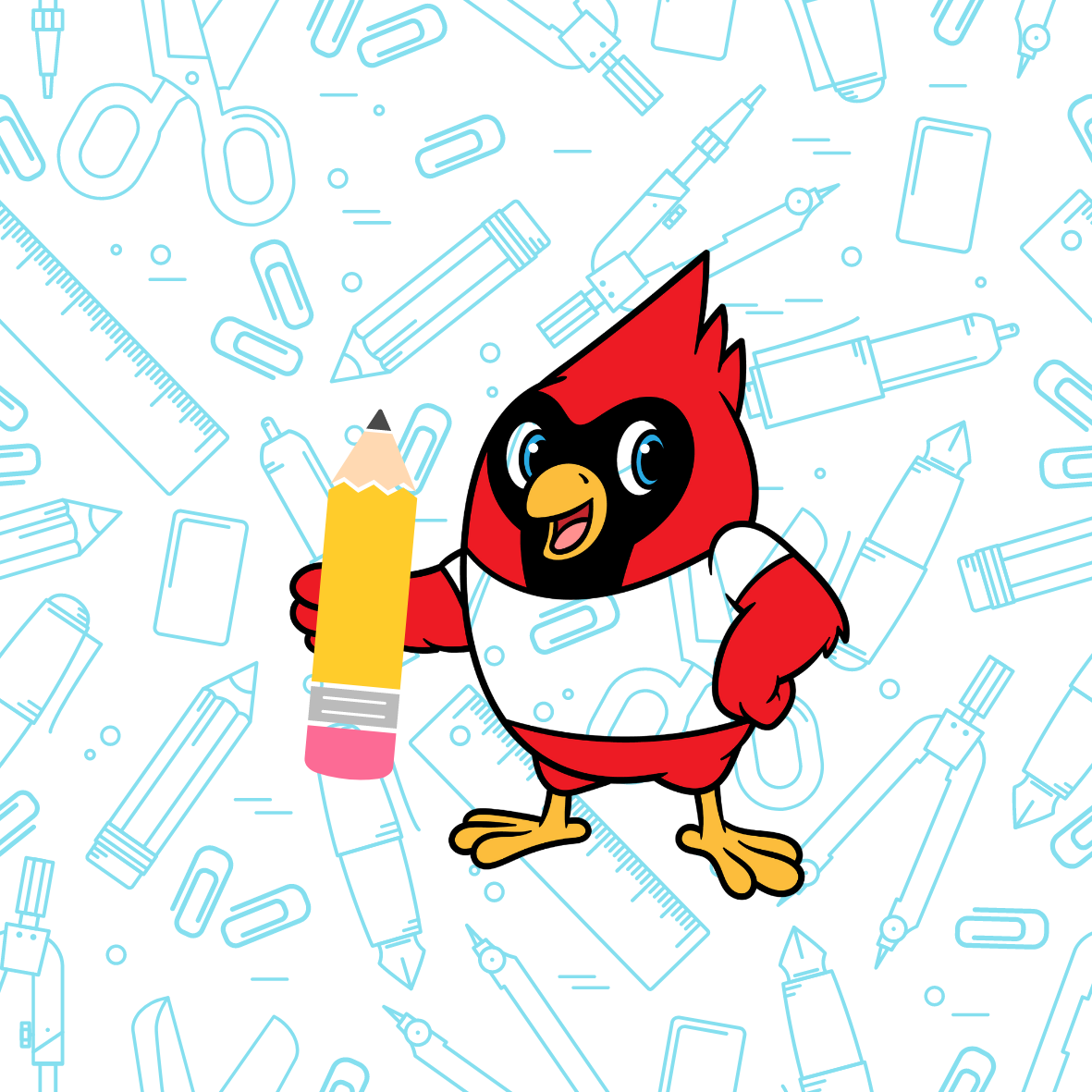 Cardinal with pencil and school supplies